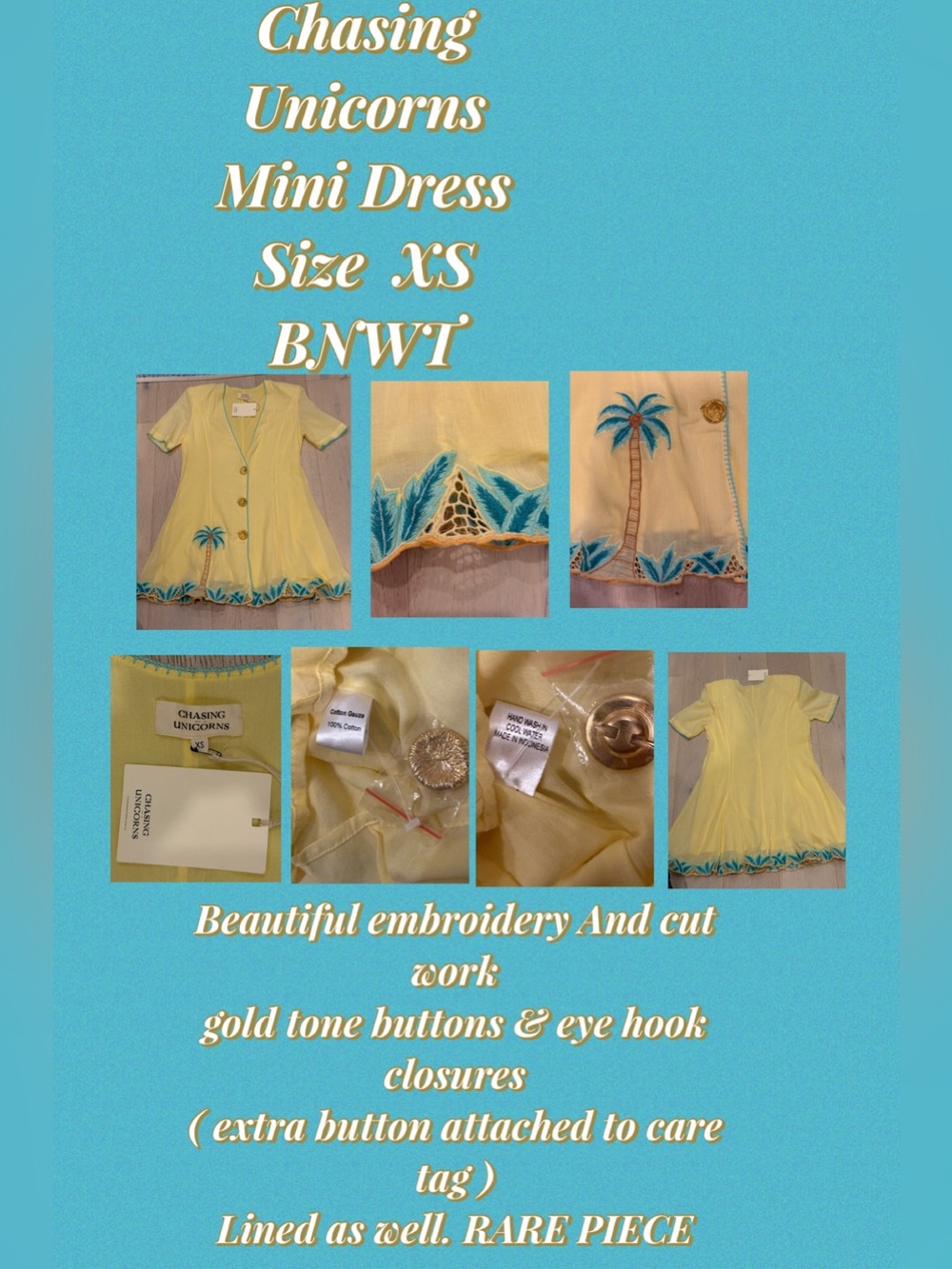 Chasing Unicorns Yellow Mini Dress with Turquoise Embroidery BNWT XS - Picture 2 of 16